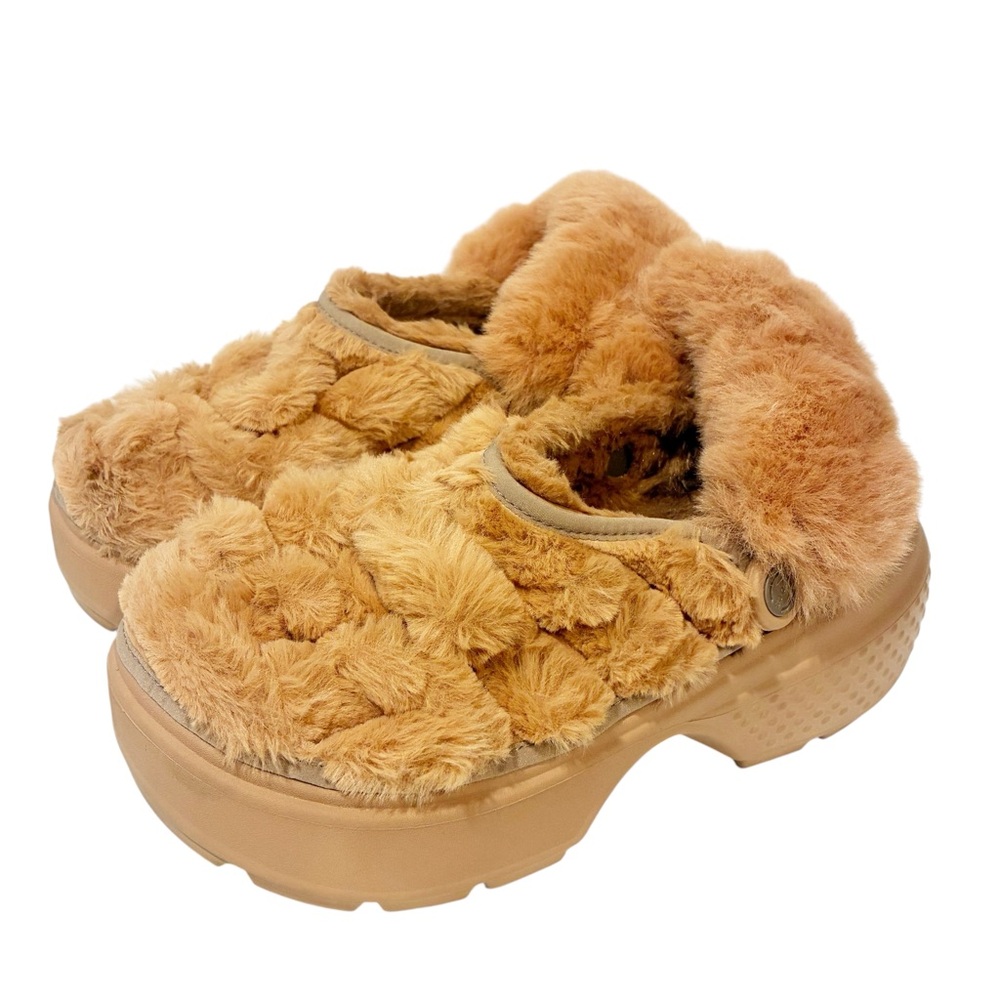 CROCS Fuzz Lined Platform Clogs in Tan